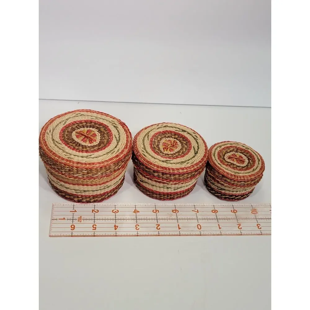 Vintage Set of 3 Chinese Sweetgrass Covered Nesting Baskets Rare